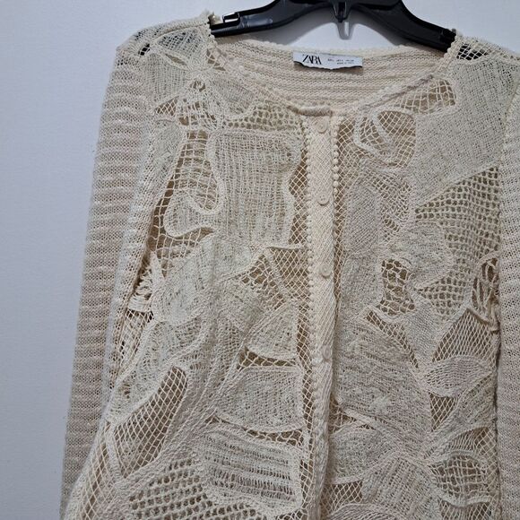 Zara Boho Floral Knit Crochet Coastal Minimalist Cardigan Cream Large - Picture 11 of 15